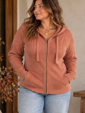 Jackson Rowe Ribbed Knit Full Zip Hoodie Cardigan Sweater